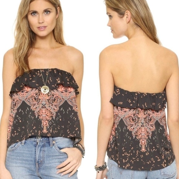 Free People Cropped Boho Flounce Ruffle Strapless Tube Top XS Black Coral Grey - Picture 1 of 14